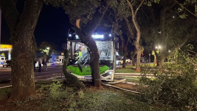 Batida entre ônibus do transporte coletivo termina com veículo sobre canteiro no Centro de Cascavel