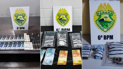 Imagem referente à notícia: PM apreende medicamentos contrabandeados, drogas e arma em três ocorrências no Oeste do Paraná