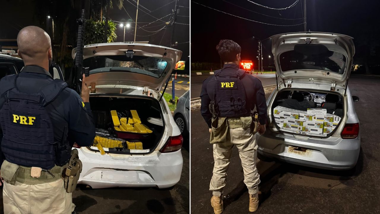 PRF apreende 123 quilos de maconha e cerca de 3 mil maços de cigarros em menos de 10 minutos na BR-277, em Santa Terezinha de Itaipu