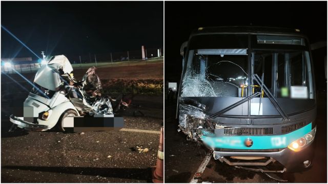 Colisão frontal entre ônibus e Fusca deixa motorista morto na PR-239 em Assis Chateaubriand