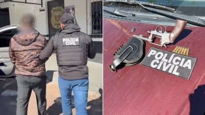 Imagem referente à notícia: Homem é preso em flagrante após ameaçar trabalhadores com revólver em distrito de Matelândia