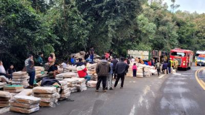 Imagem referente à notícia: Motorista fica gravemente ferido após caminhão carregado com frangos congelados tombar na BR-277