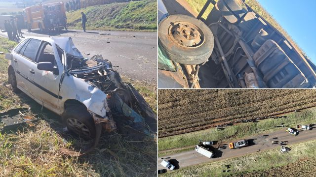 Colisão frontal entre carro e caminhão deixa motorista morto e provoca tombamento na PR-239, em Iracema do Oeste
