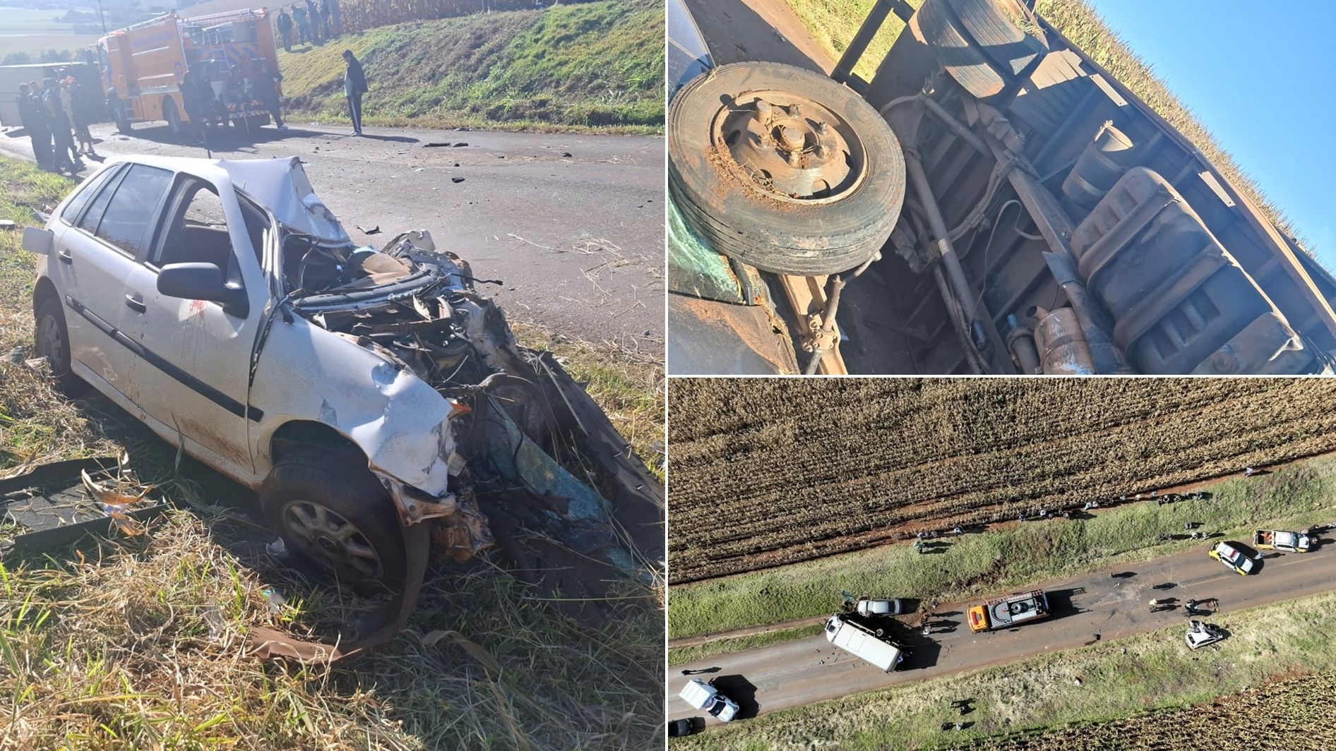 Imagem referente a notícia: Colisão frontal entre carro e caminhão deixa motorista morto e provoca tombamento na PR-239, em Iracema do Oeste