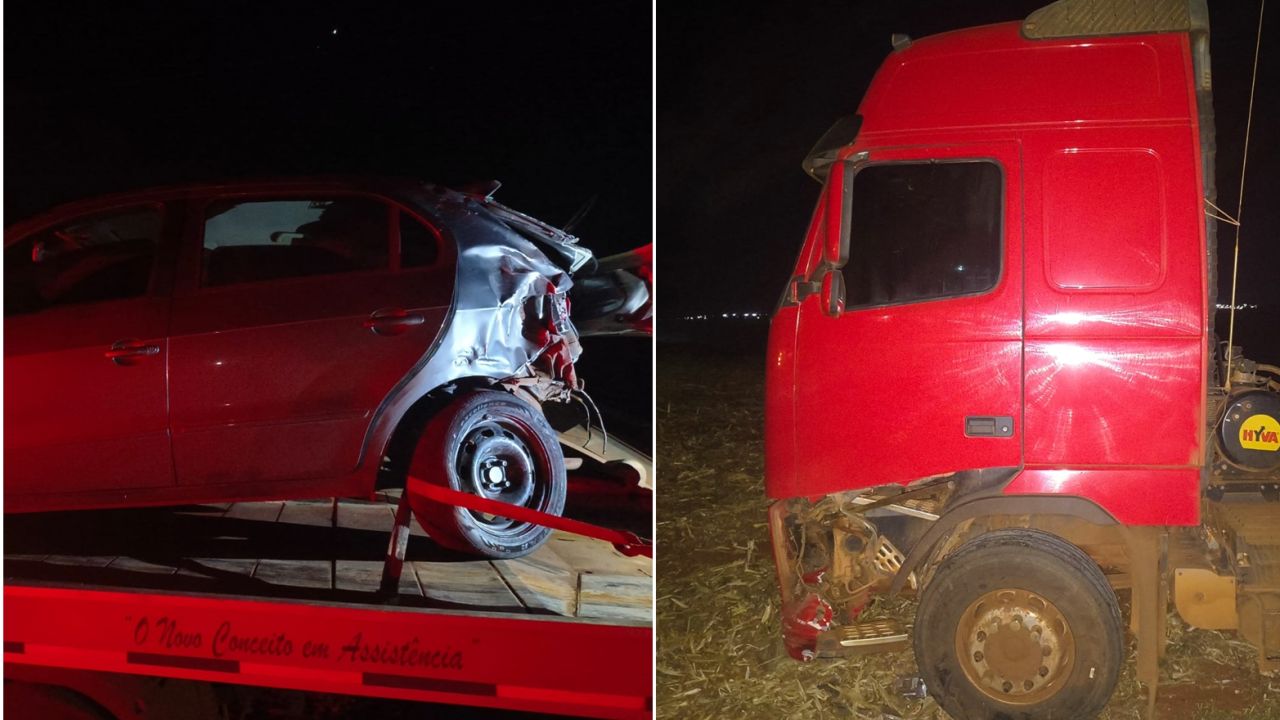 Colisão lateral entre carro e caminhão deixa apenas danos materiais na PR-180, em Moreira Salles
