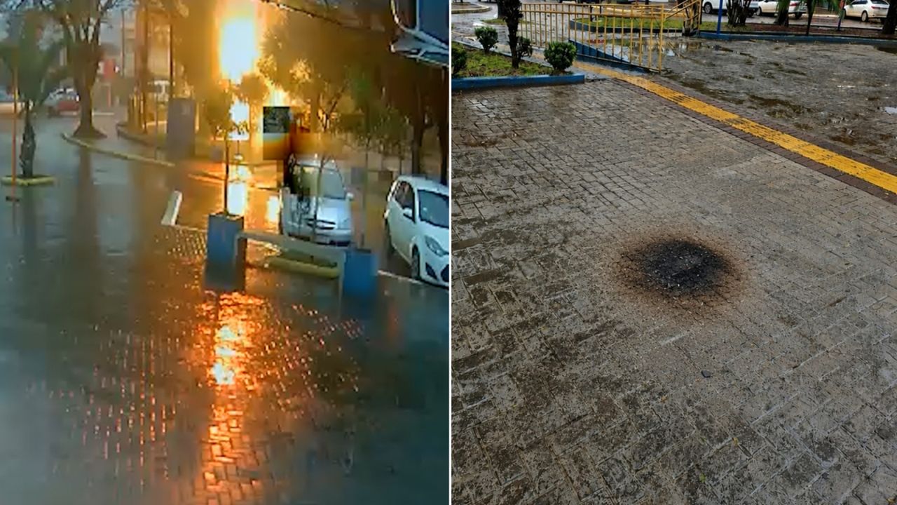 Raio atinge Praça Enio Pipino e câmera registra momento exato da descarga elétrica em Formosa do Oeste