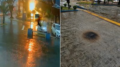 Imagem referente à notícia: Raio atinge Praça Enio Pipino e câmera registra momento exato da descarga elétrica em Formosa do Oeste
