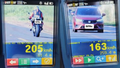 Imagem referente à notícia: Motorista é flagrado a 205 km/h durante fiscalização da PRE após sequência de acidentes fatais nas rodovias da região