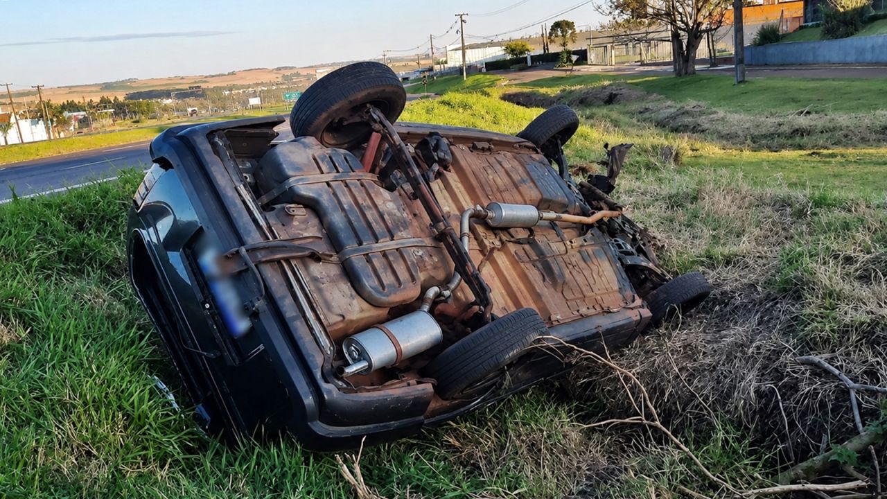 Chevrolet Ipanema capota na PRC-467 e motorista fica ferido em Cascavel