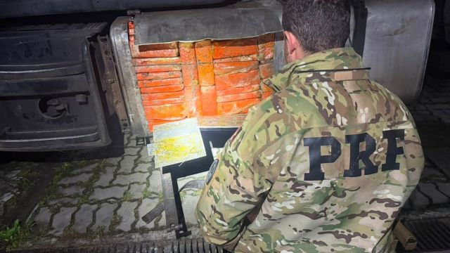 Cães farejadores da PRF encontram 580 quilos de maconha escondidos em tanque de combustível de carreta na BR-277
