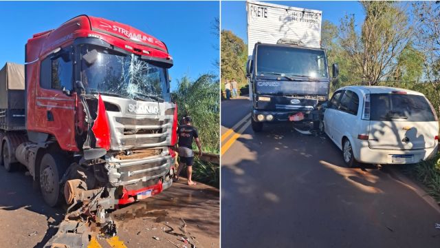 Acidente entre caminhões e carro deixa passageira ferida na PR-182, em Francisco Alves