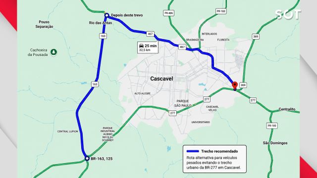 PRF orienta caminhoneiros a evitarem trecho urbano da BR-277 em Cascavel durante obras da trincheira