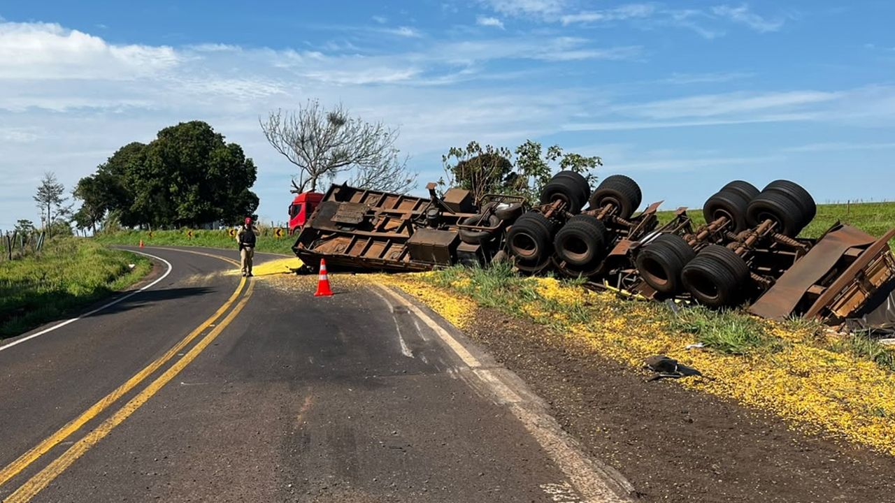 Caminhão sai da pista e colide contra árvores, cerca e poste na PR-496 em Terra Roxa