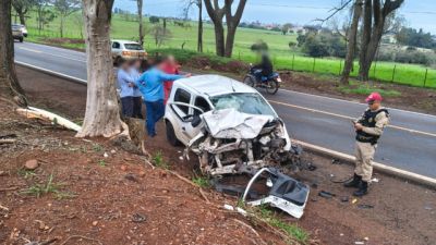 Fiat Uno sai da pista durante ultrapassagem e é atingido por caminhão na PR-182, em Toledo