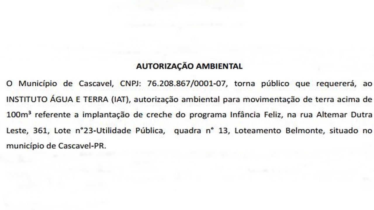 Nova creche do programa Infância Feliz avança em Cascavel com pedido de autorização ambiental