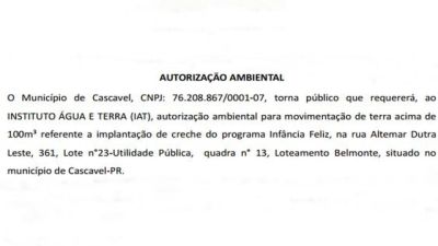 Nova creche do programa Infância Feliz avança em Cascavel com pedido de autorização ambiental