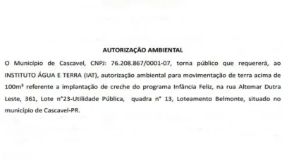 Nova creche do programa Infância Feliz avança em Cascavel com pedido de autorização ambiental