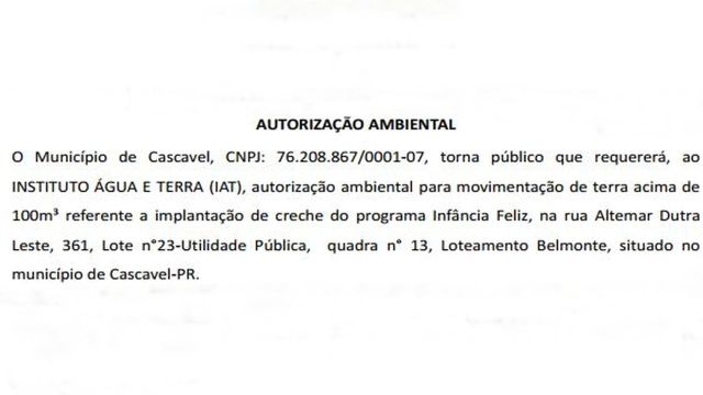 Nova creche do programa Infância Feliz avança em Cascavel com pedido de autorização ambiental