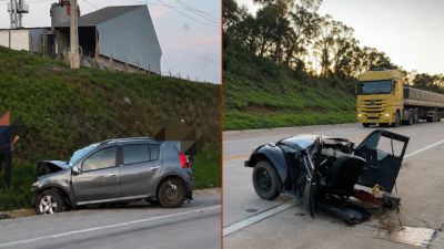 Fusca se parte ao meio após grave colisão com Sandero na PRC-280 em Clevelândia