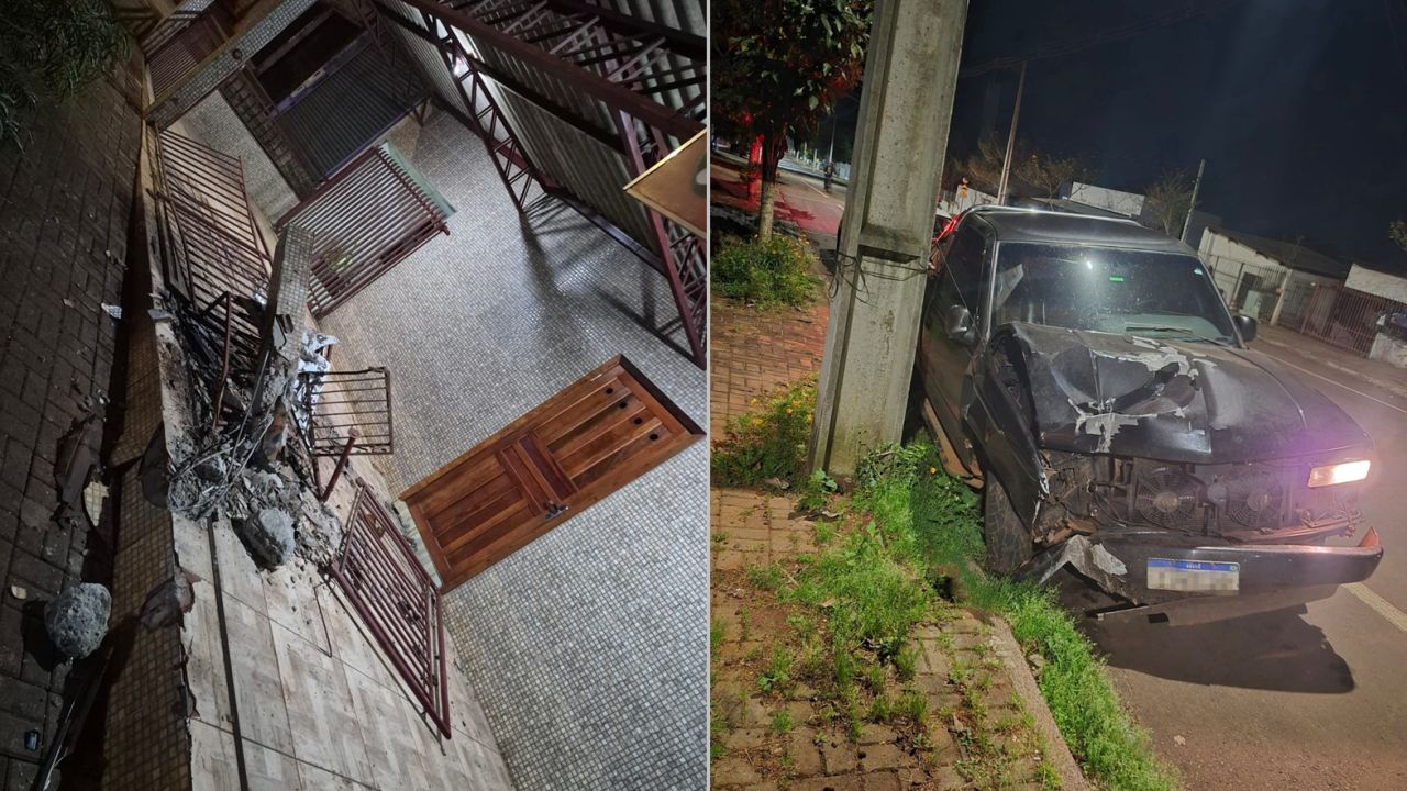 Caminhonete bate em estabelecimento e condutor abandona veículo no bairro Interlagos, em Cascavel