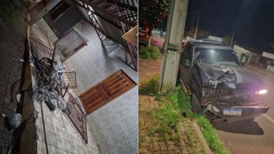 Caminhonete bate em estabelecimento e condutor abandona veículo no bairro Interlagos, em Cascavel