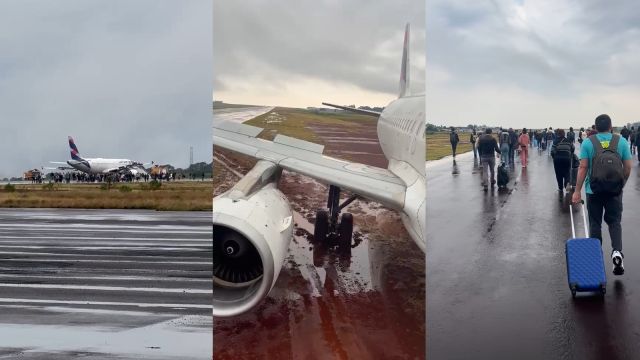 Avião da Latam ultrapassa limite da pista e fica atolado na lama durante pouso em Cascavel