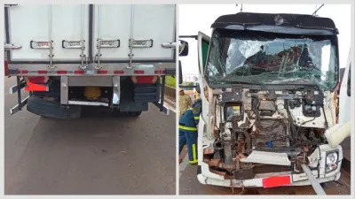 Colisão traseira entre caminhões deixa motorista ferido em Corbélia