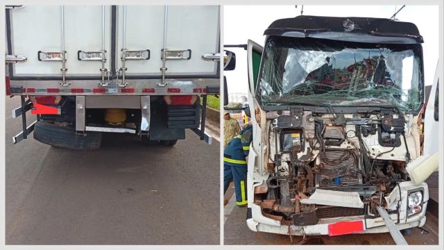 Colisão traseira entre caminhões deixa motorista ferido em Corbélia