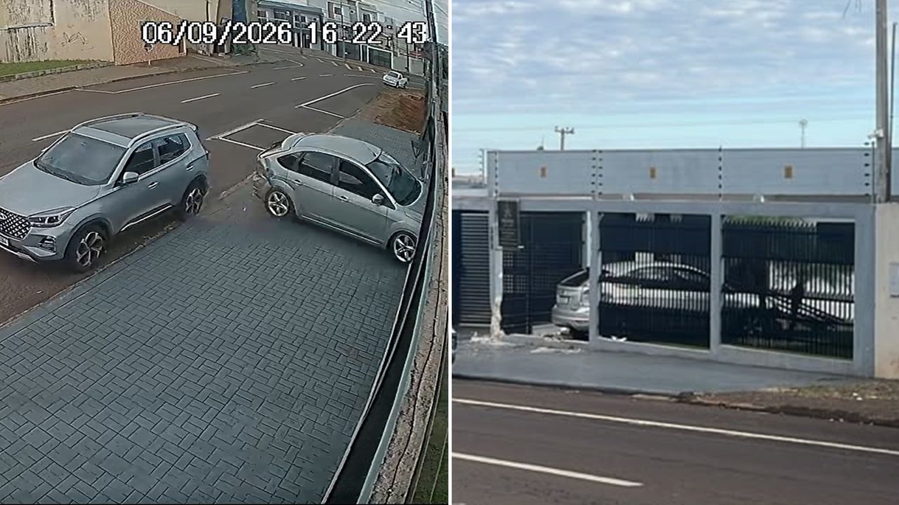 Focus bate na traseira de Tiggo, derruba portão e invade pátio de imóvel em Cascavel