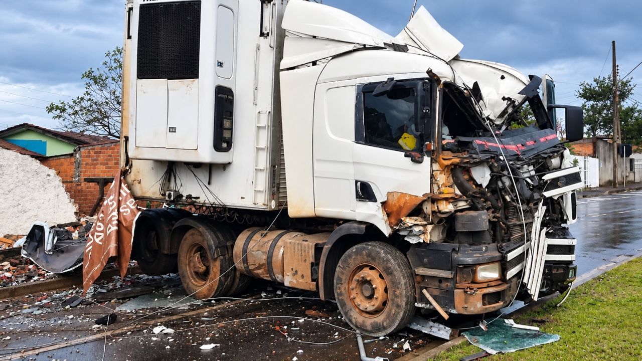 Carreta perde os freios, atinge imóvel e derruba poste no Brasmadeira, em Cascavel