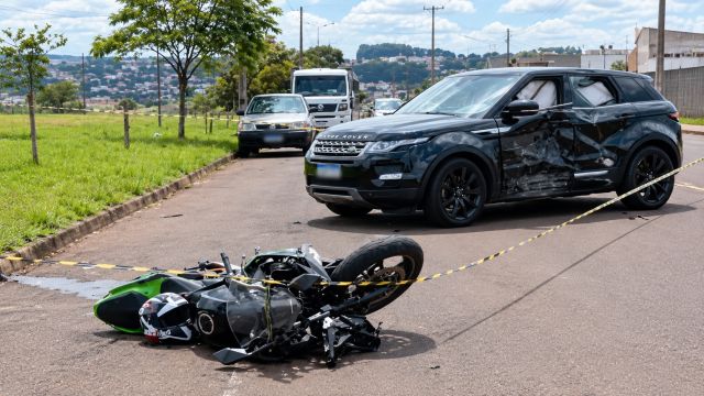 Kawasaki Ninja e Range Rover batem em cruzamento e deixam duas pessoas feridas em Cascavel