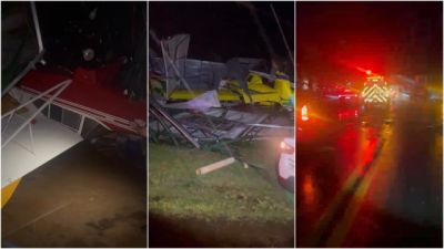 Temporal causa destruição no aeroporto de Toledo e interdita PR-182