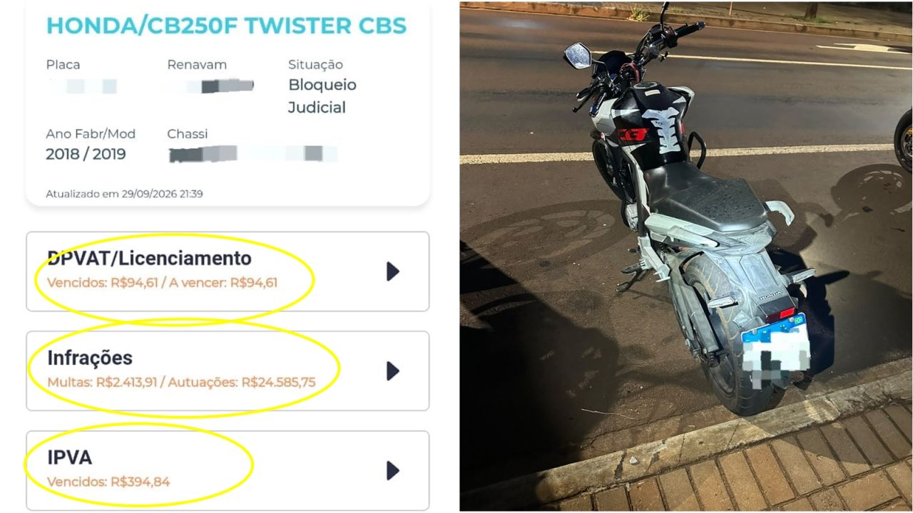 Motocicleta acumula 96 infrações e R$ 27,5 mil em débitos durante abordagem no bairro Interlagos, em Cascavel