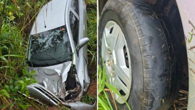Motorista fica ferido após Chevrolet Onix aquaplanar e sair da pista na PR-180, em Goioerê