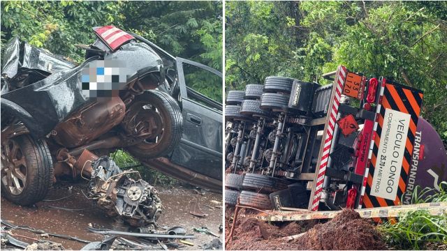 Colisão frontal entre carro e bitrem deixa um morto e um ferido na BR-369, em Juranda