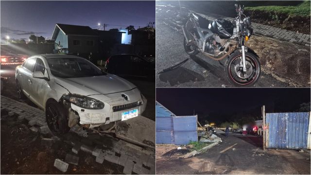Carro perde o controle, bate em portão de obra e motocicleta no bairro Interlagos