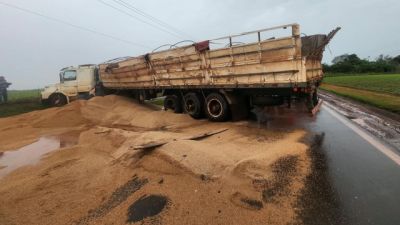 Caminhão carregado com trigo tomba na PR-495, em Pato Bragado