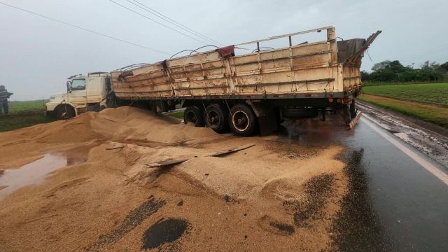 Caminhão carregado com trigo tomba na PR-495, em Pato Bragado