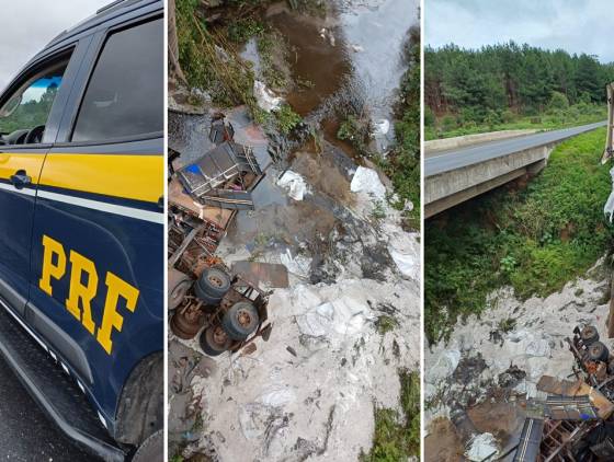 Carreta carregada de ureia tomba em ponte na BR-376 e causa danos ambientais