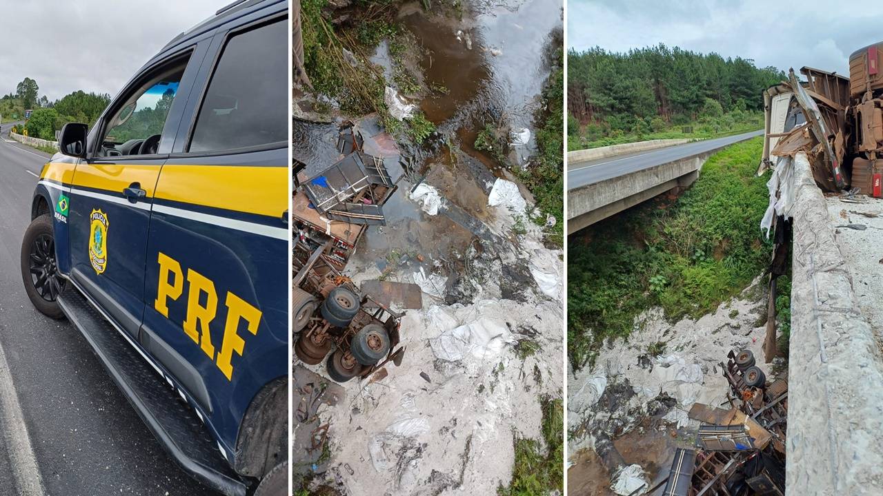 Carreta carregada de ureia tomba em ponte na BR-376 e causa danos ambientais