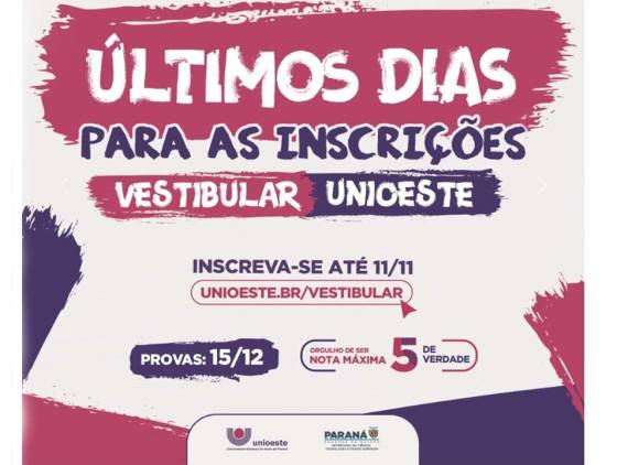 Inscrições para o Vestibular Unioeste 2025 encerram no próximo dia 11 de novembro