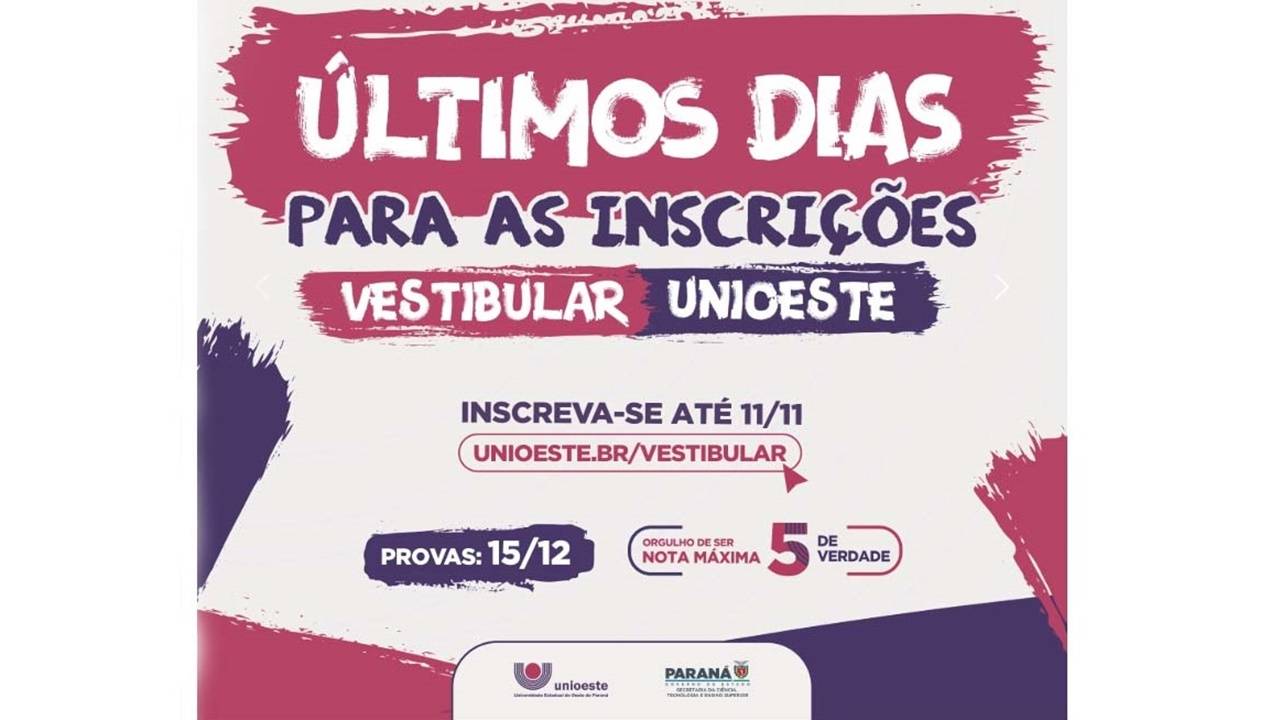 Inscrições para o Vestibular Unioeste 2025 encerram no próximo dia 11 de novembro