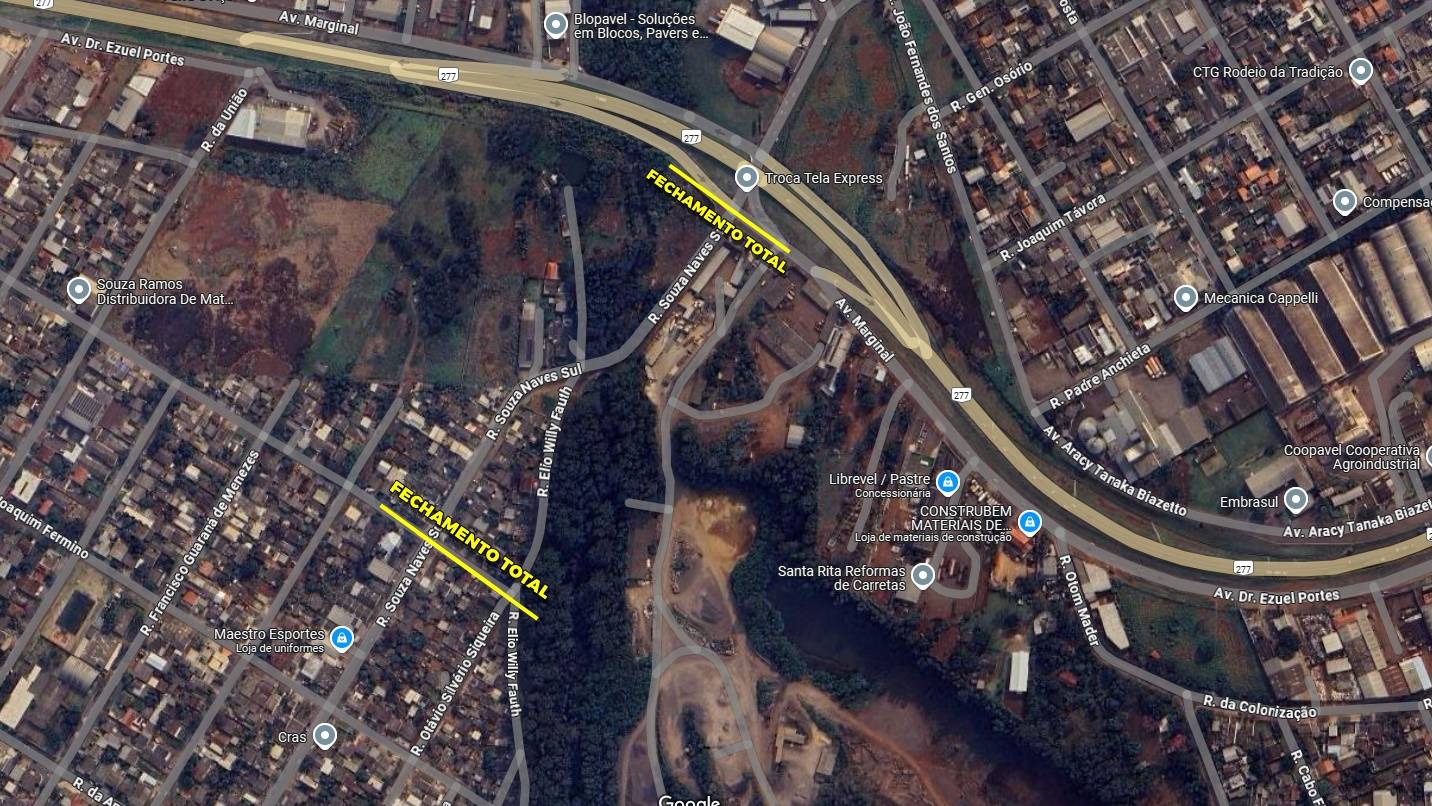 Obra da nova ponte do Rio Quati interdita Rua Souza Naves Sul em Cascavel