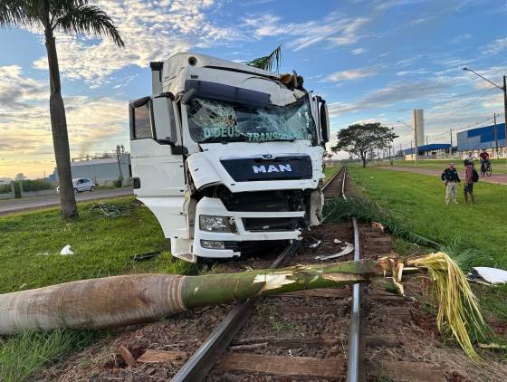 Caminhoneiro se acidenta na BR-369, derruba coqueiro e danifica linha férrea no Paraná