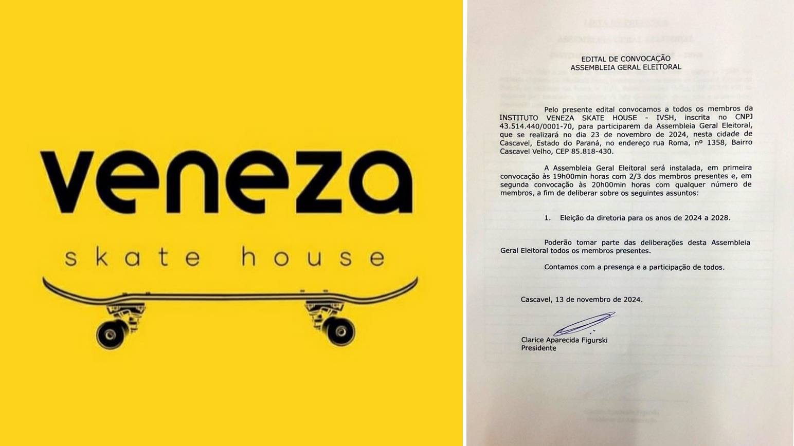 Instituto Veneza Skate House realizará Assembleia Eleitoral para Eleição de Nova Diretoria