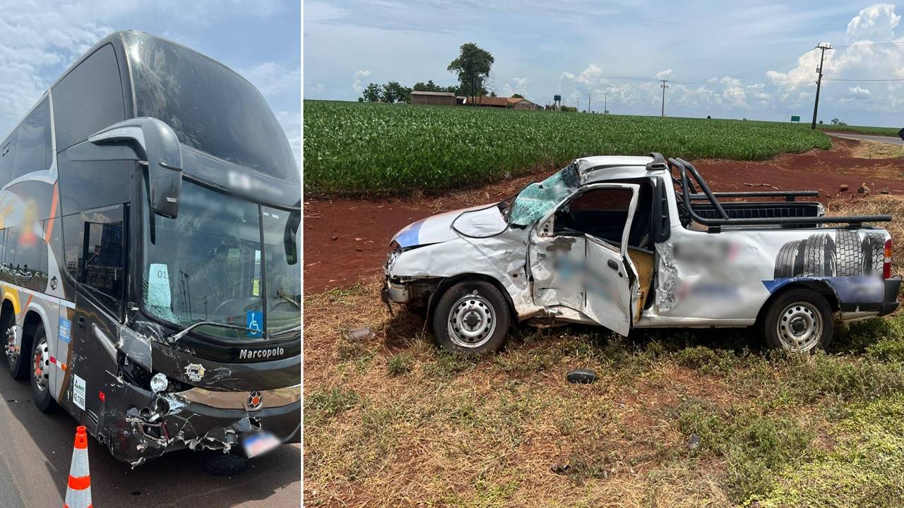 Colisão entre ônibus e camioneta deixa um ferido na PR-182, entre Palotina e Maripá