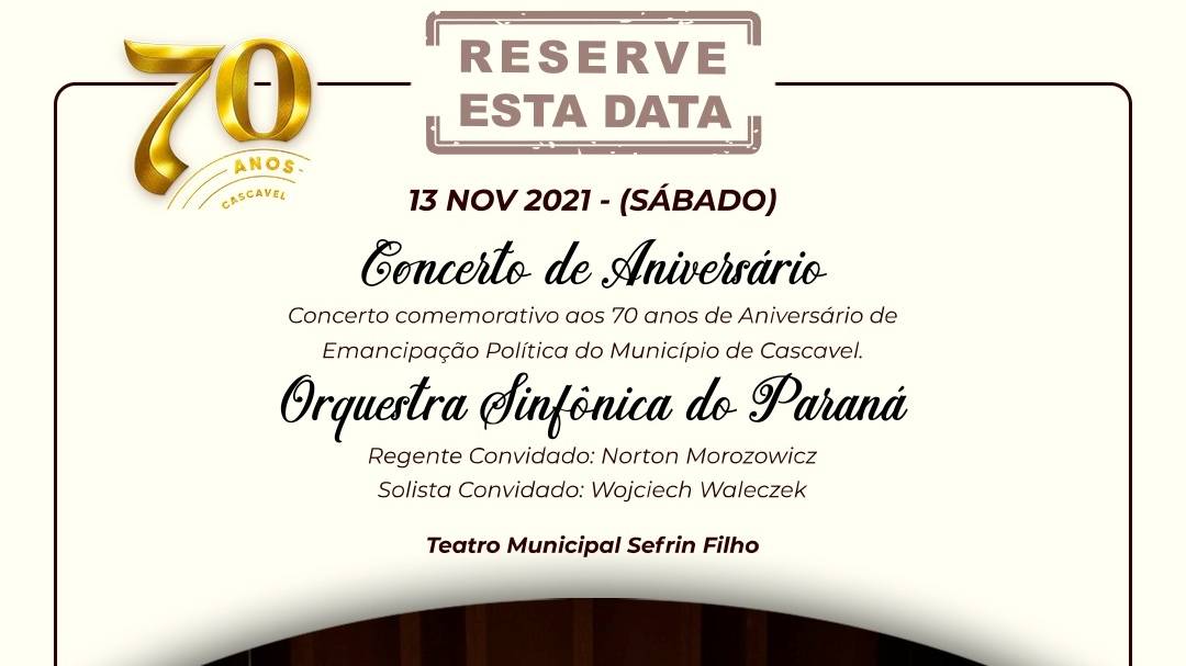 Cascavel 70 Anos:  Orquestra Sinfônica do Paraná fará concerto no dia 13